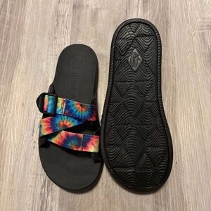Chaco Black Slide Sandals with Rainbow Tie-Dye Straps